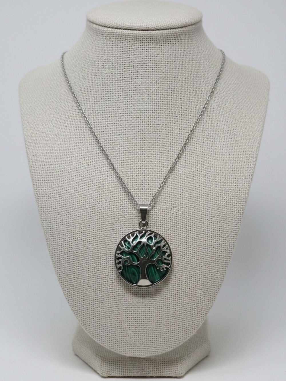 Silver-Tone Tree of Life Necklace with Emerald Green Enamel